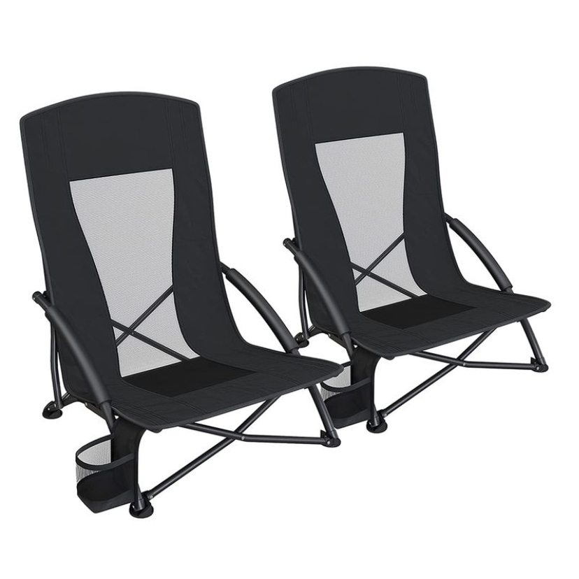 Two black, portable beach chairs feature a breathable mesh back, sturdy metal frame, and integrated cup holders. They fold for easy transport and storage.