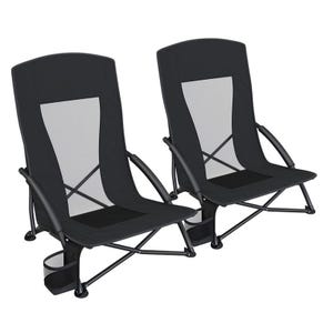 Two black, portable beach chairs feature a breathable mesh back, sturdy metal frame, and integrated cup holders. They fold for easy transport and storage.