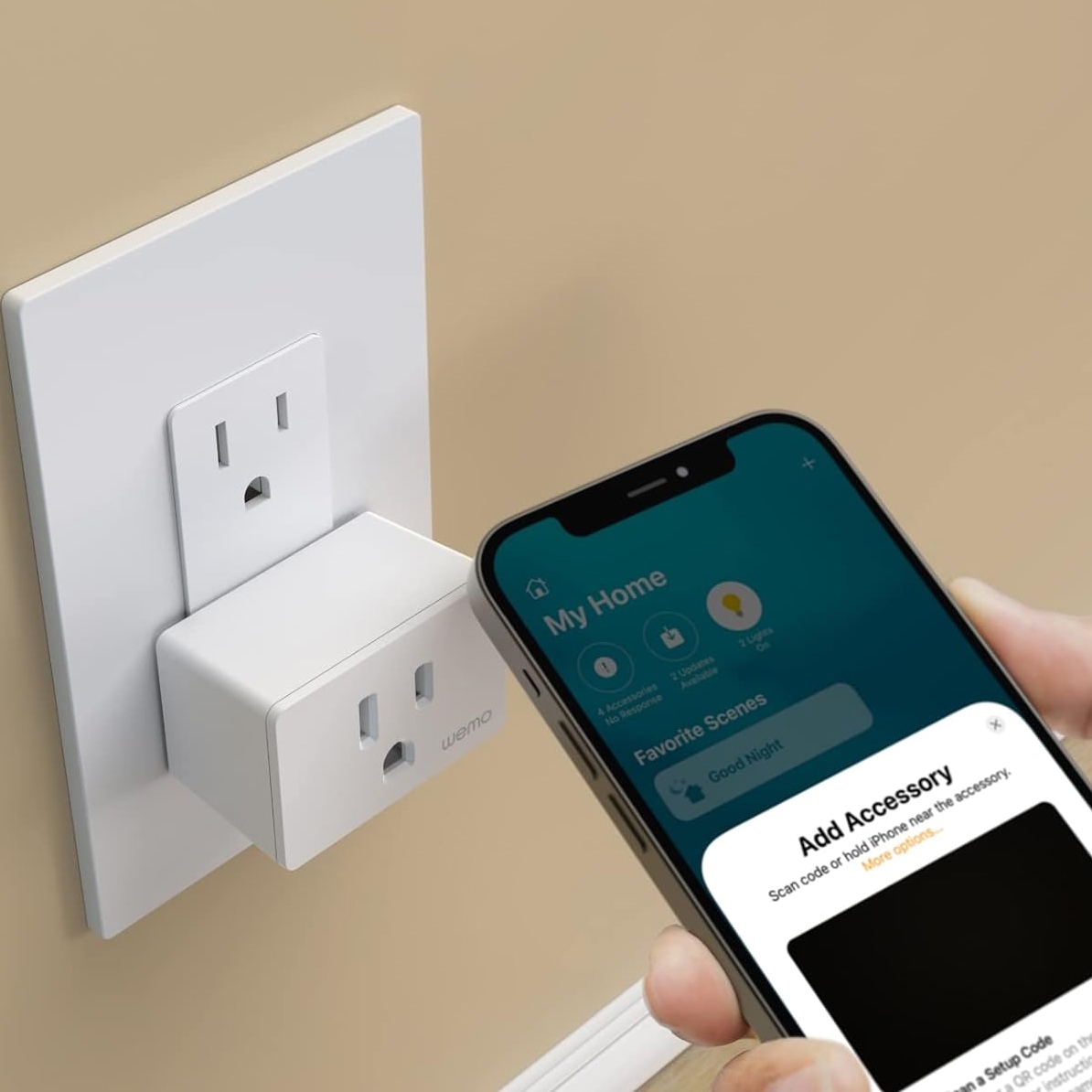 A smartphone displaying a smart home app and a smart plug inserted into a wall outlet.