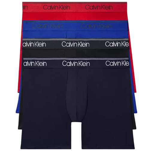 A set of five Calvin Klein boxer briefs in red, blue, black, and navy, each featuring a logo waistband.