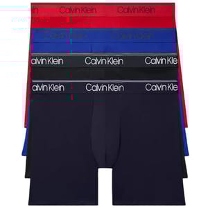 A set of five Calvin Klein boxer briefs in red, blue, black, and navy, each featuring a logo waistband.
