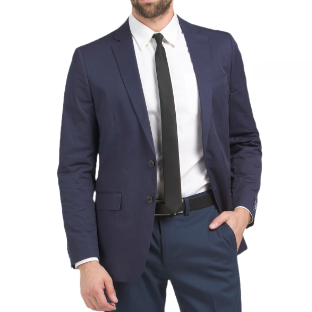 Navy suit jacket with two-button closure, notched lapels, and front flap pockets. Worn with a white dress shirt, black tie, and matching navy pants.