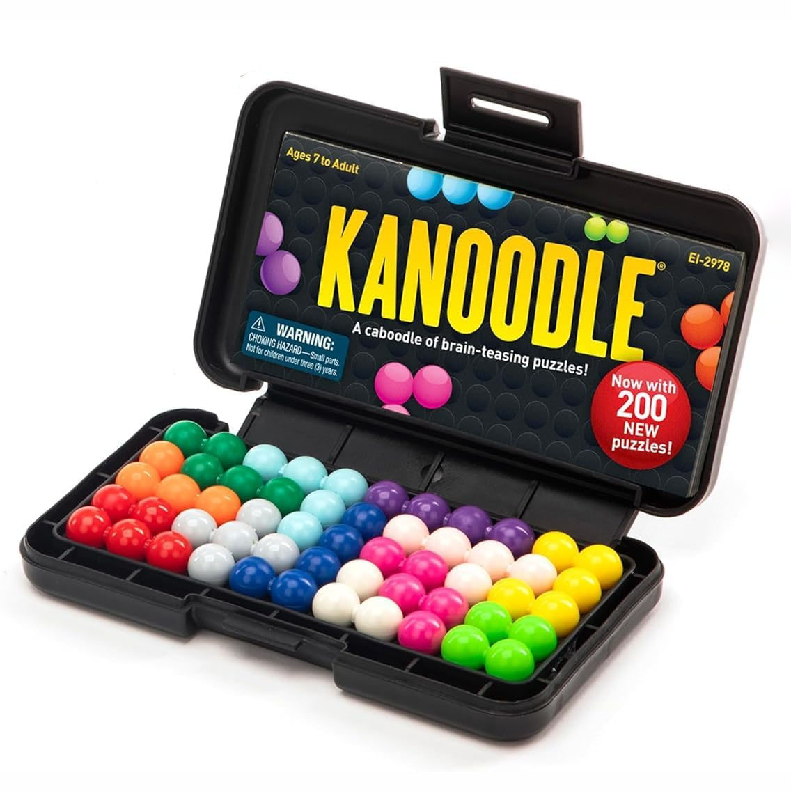 Kanoodle 3D Brain Teaser Puzzle is a portable game for ages 7 to adult, featuring colorful, connected beads for creating various 2D and 3D puzzles. It includes 200 new challenges and comes in a compact case with a warning about small parts.