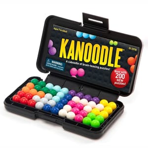 Kanoodle 3D Brain Teaser Puzzle is a portable game for ages 7 to adult, featuring colorful, connected beads for creating various 2D and 3D puzzles. It includes 200 new challenges and comes in a compact case with a warning about small parts.
