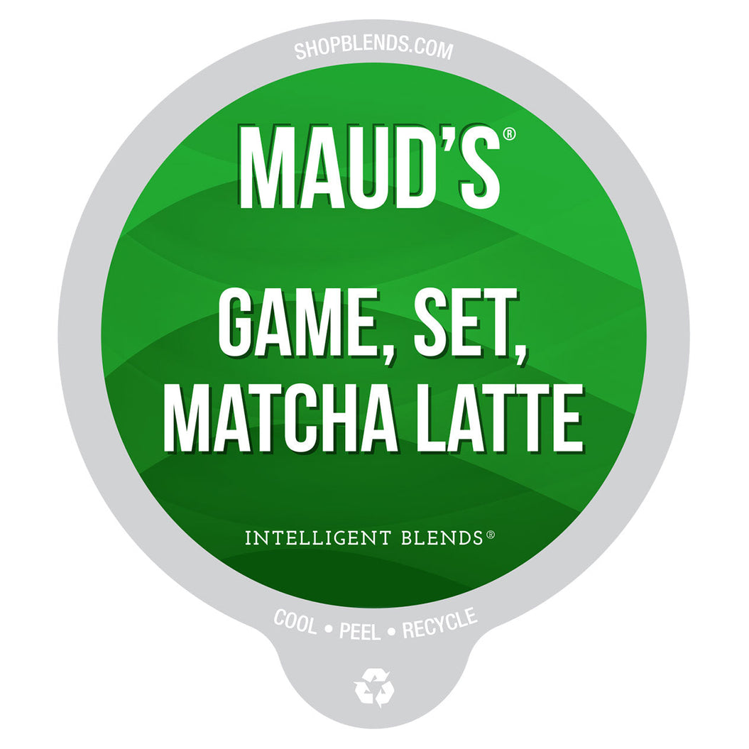 A 32-count package of Maud's \“Game, Set, Matcha Latte\“ pods, compatible with single-serve coffee makers and marked with symbols for cooling, peeling, and recycling.