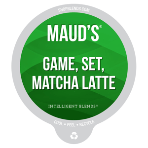 A 32-count package of Maud's \“Game, Set, Matcha Latte\“ pods, compatible with single-serve coffee makers and marked with symbols for cooling, peeling, and recycling.