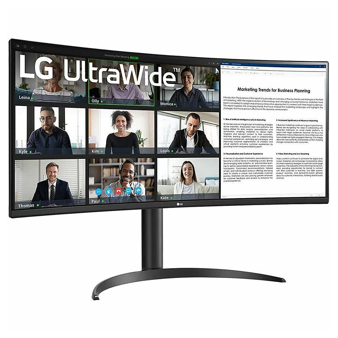 Curved LG UltraWide monitor displays a video conference with nine participants and a document on \“Marketing Trends for Business Planning.\“