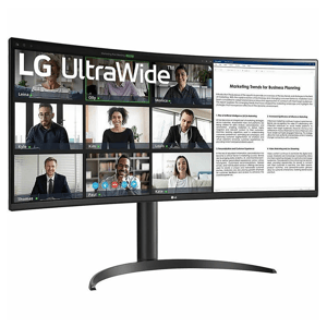 Curved LG UltraWide monitor displays a video conference with nine participants and a document on \“Marketing Trends for Business Planning.\“