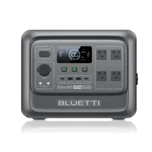 BLUETTI Elite 100 portable power station with 1800W AC output, 1024Wh capacity, multiple USB ports, and DC outputs. Suitable for charging electronic devices and providing power in various settings.