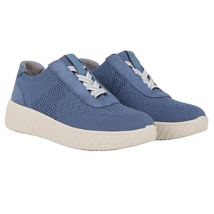 Blue LifeStride Wanderer Sneakers with a textured knit upper, featuring white elastic laces and a thick, light-colored sole for casual comfort.