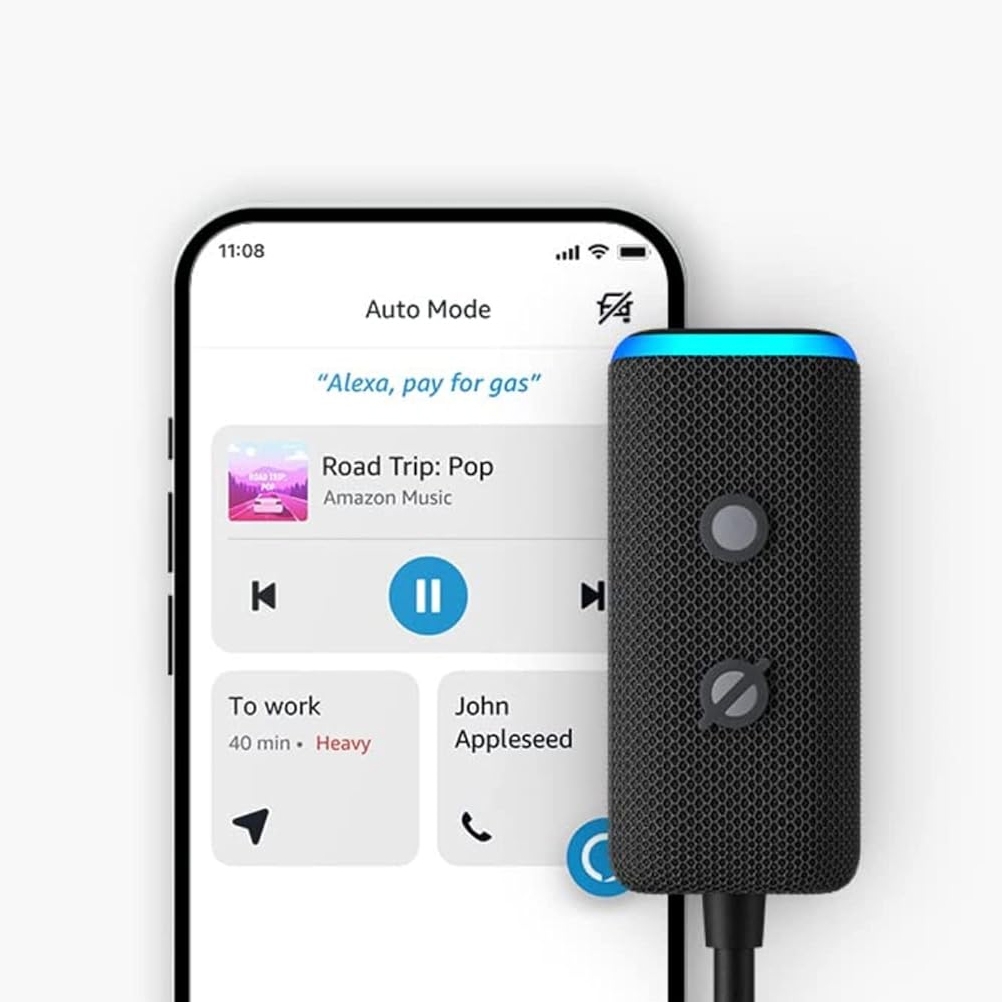 A smartphone with a driving-related app on the screen and a cylindrical smart car accessory connected to it.