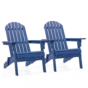 Two blue Adirondack chairs with slatted backs and seats, featuring armrests and a classic outdoor design.