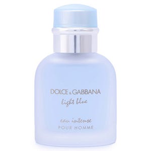 Dolce & Gabbana Light Blue Eau Intense Pour Homme is an Eau de Parfum spray featuring a frosted light blue bottle with a silver cap, designed for men.