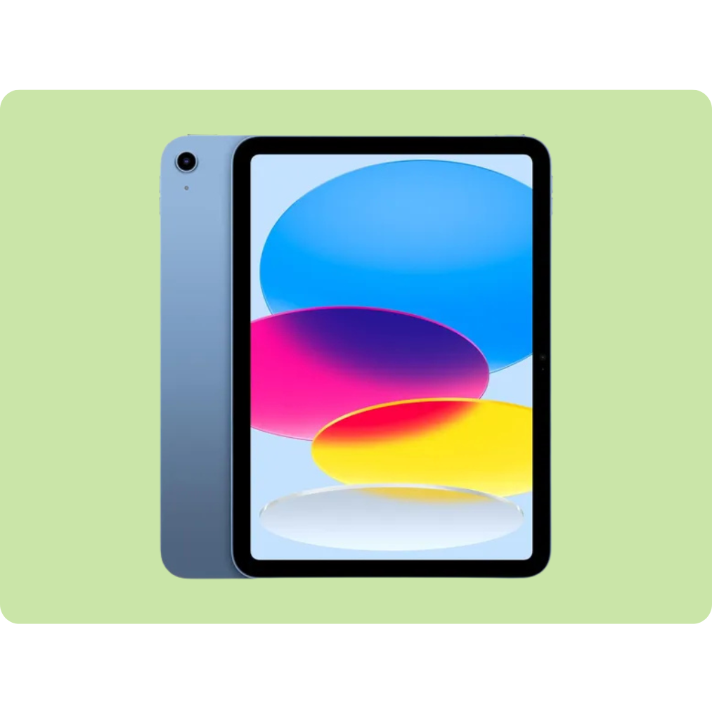 Tablet with a blue casing and a vibrant screen displaying multicolored ovals, set against a light green background.
