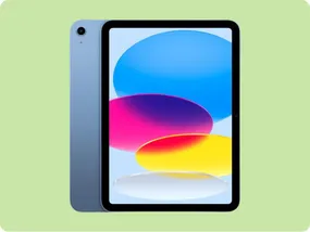 Tablet with a blue casing and a vibrant screen displaying multicolored ovals, set against a light green background.