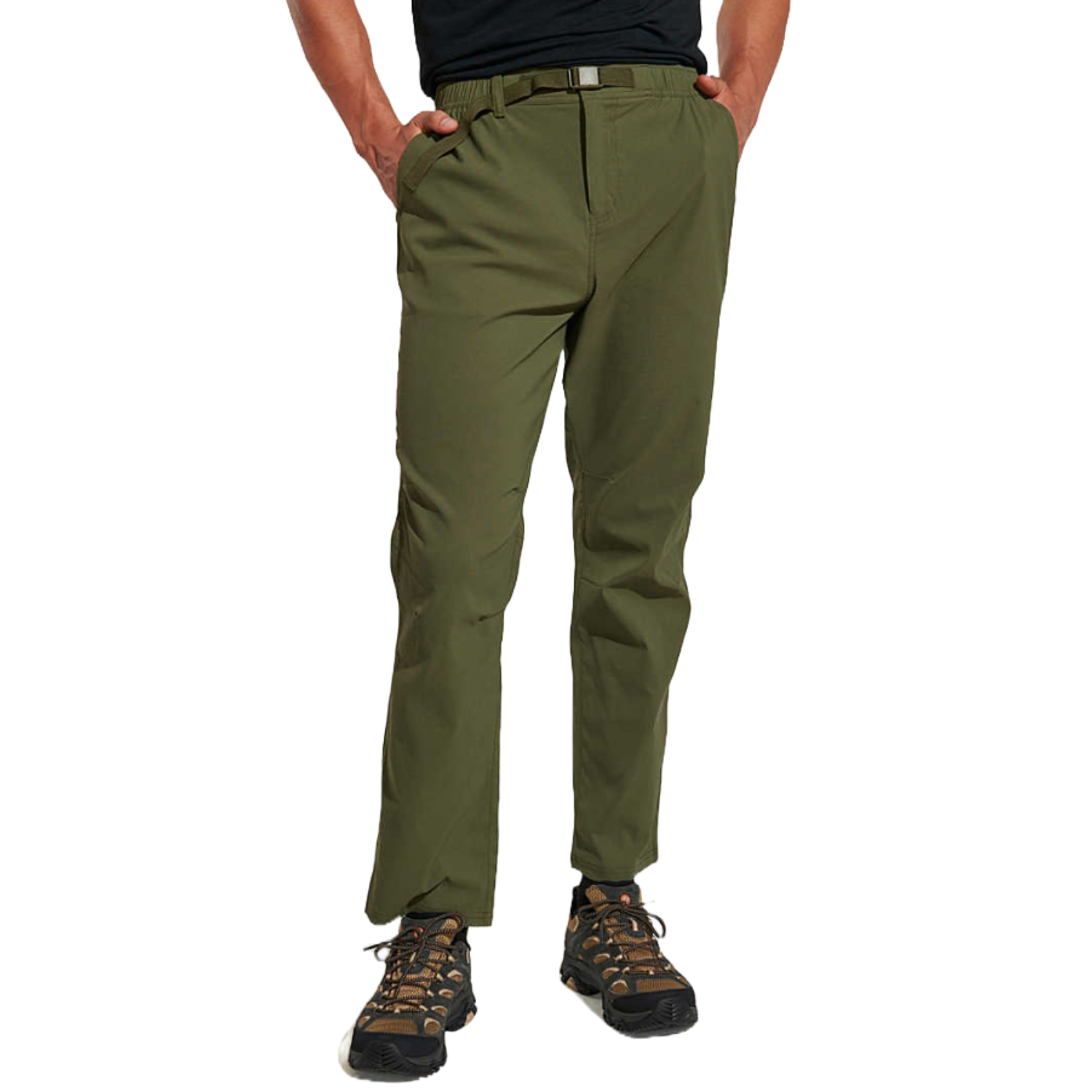 Olive green hiking pants paired with brown and black hiking shoes.