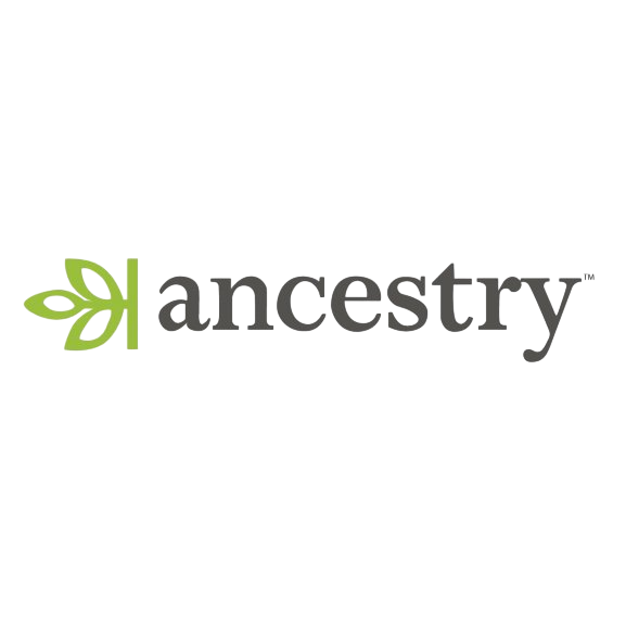 The logo for Ancestry, featuring the brand name in lowercase letters with a green stylized leaf design, represents a company specializing in genealogy and family history research services.