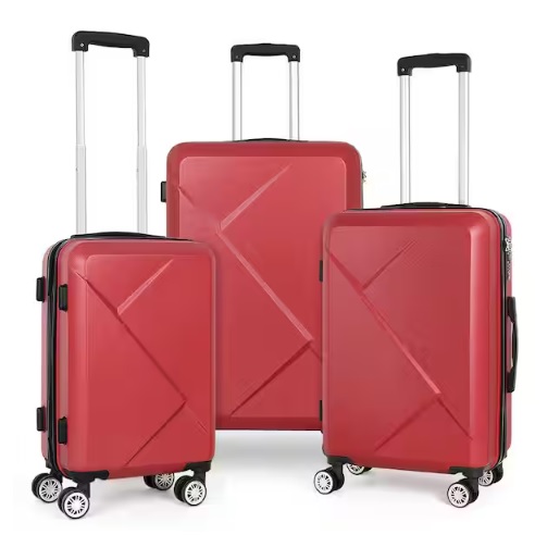 Three red hard-shell suitcases of varying sizes with four spinner wheels and telescopic handles.