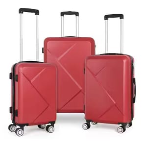 Three red hard-shell suitcases of varying sizes with four spinner wheels and telescopic handles.