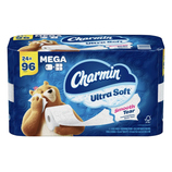 Charmin Ultra Soft toilet paper, 24 Mega Rolls equivalent to 96 regular rolls, features a \“Smooth Tear\“ for trusted softness and better tear, with FSC certification.