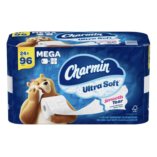 Charmin Ultra Soft toilet paper, 24 Mega Rolls equivalent to 96 regular rolls, features a \“Smooth Tear\“ for trusted softness and better tear, with FSC certification.