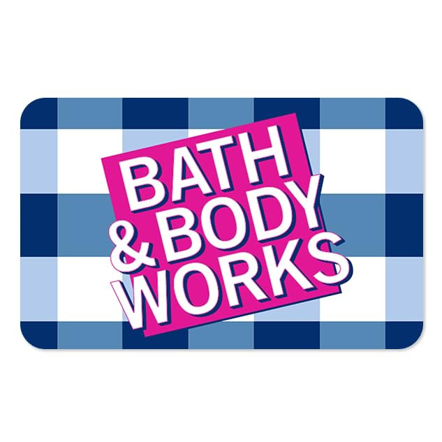 A Bath & Body Works gift card features a blue and white checkered background with \“BATH & BODY WORKS\“ in bold, white letters against a pink rectangular backdrop.