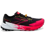 Brooks trail running shoe in black with vibrant pink and white splashes, featuring the \“Catamount\“ and \“SkyVault\“ tags.