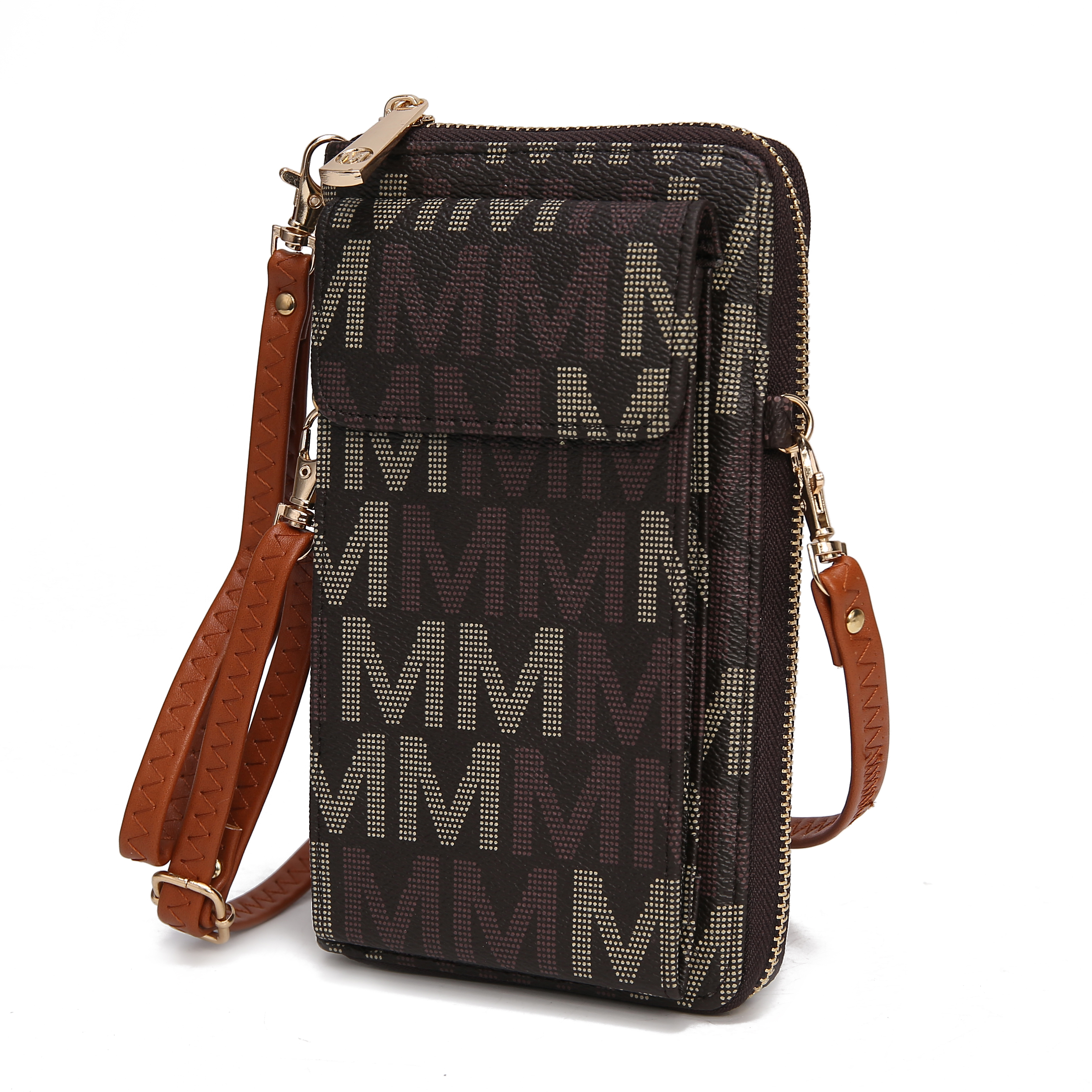 The MKF Phone Crossbody is a compact bag with a print of large repeating \“M\“ letters, featuring brown leather-like straps, zippers, and compartments for organizing essentials.