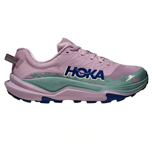 Hoka running shoe with a pink and mint green color scheme, featuring a cushioned sole and the brand's logo on the side.
