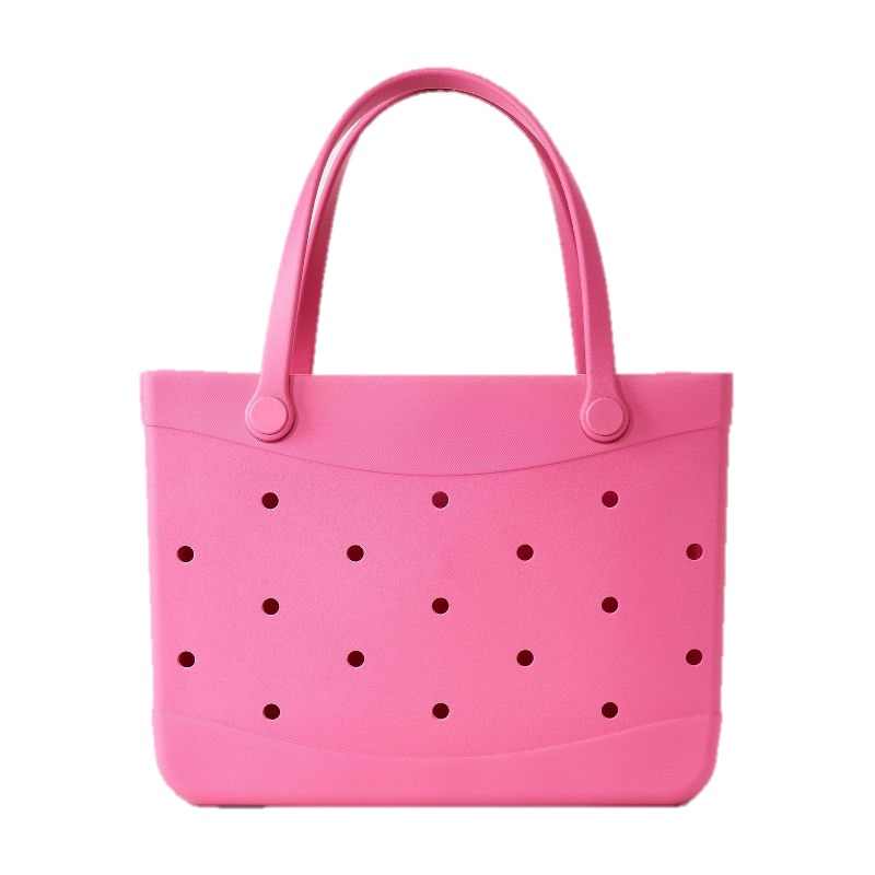 Pink EVA tote handbag with perforated design and dual handles, made from a flexible and lightweight material.