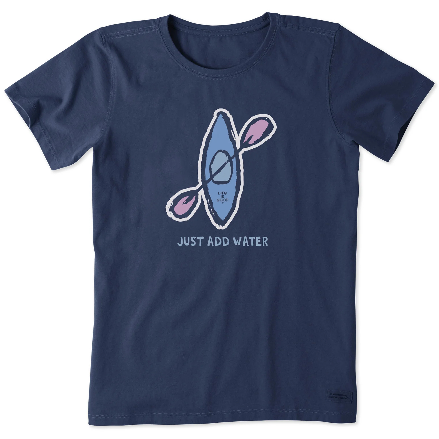 Navy blue T-shirt featuring a kayak graphic with the phrase \“JUST ADD WATER.\“