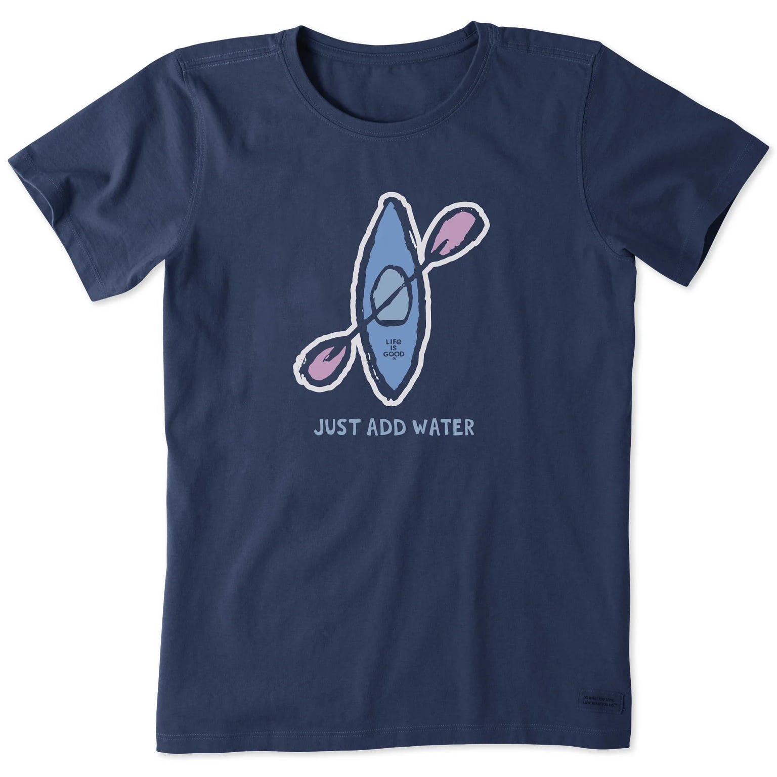 Navy blue T-shirt featuring a kayak graphic with the phrase \“JUST ADD WATER.\“