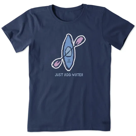 Navy blue T-shirt featuring a kayak graphic with the phrase \“JUST ADD WATER.\“