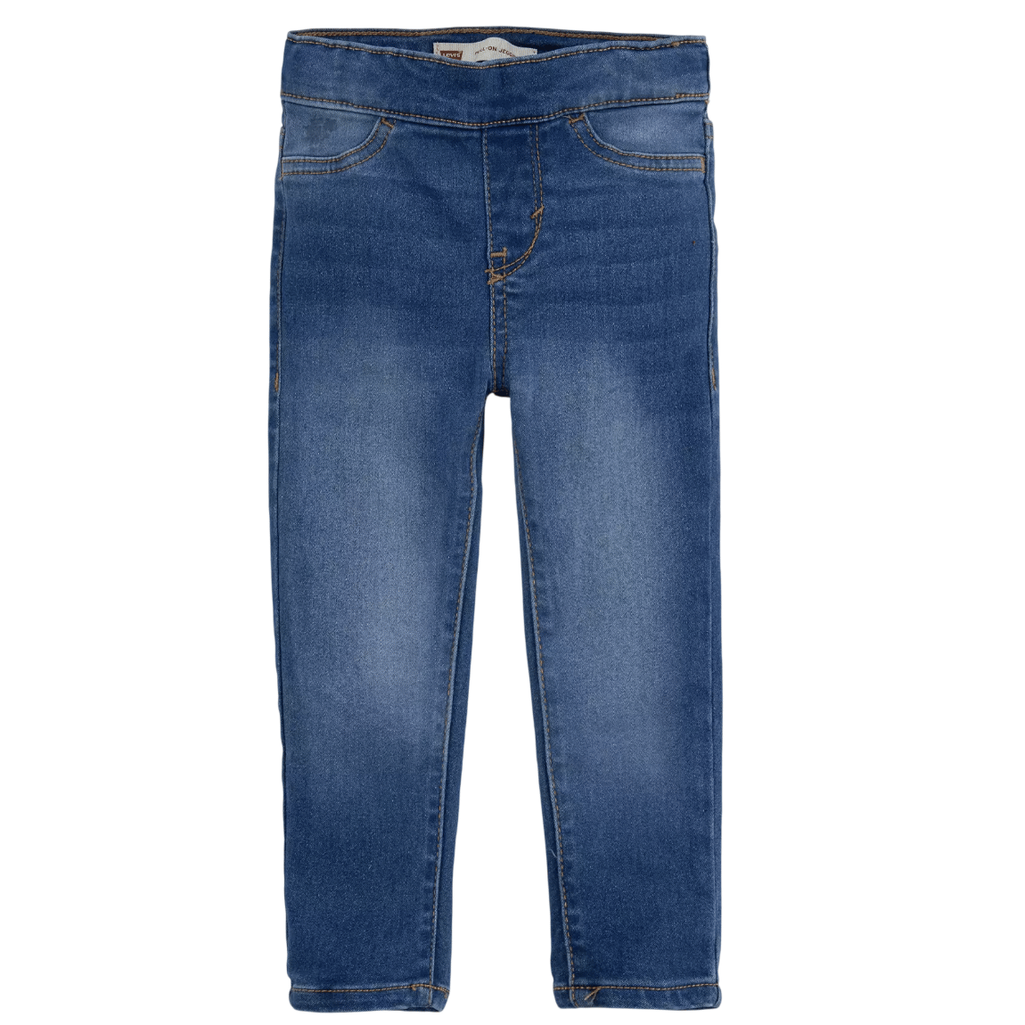 Blue denim jeans with a stretchy waistband and faux front pockets, featuring a classic straight-leg style and visible stitching.