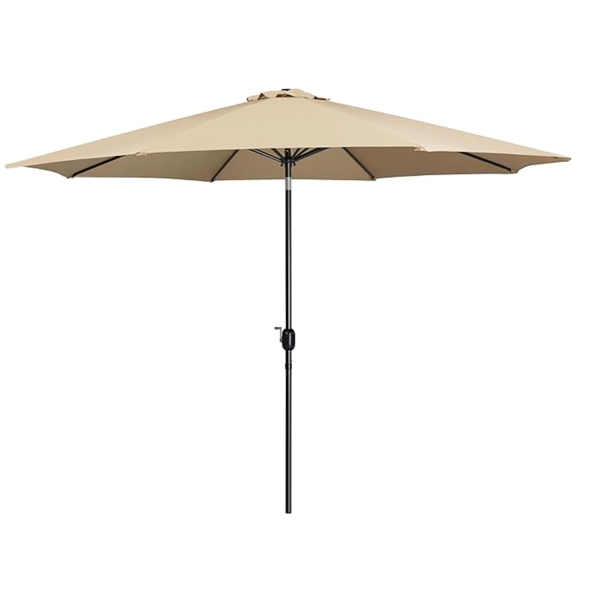 Tan patio umbrella with a black pole and crank mechanism.