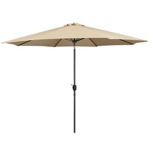 Tan patio umbrella with a black pole and crank mechanism.