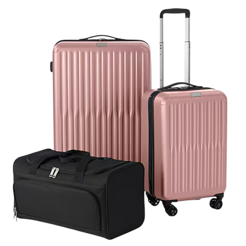 A luggage set including two glossy rose-colored suitcases with ribbed design, one large and one carry-on size, both with wheels and handles, accompanied by a black duffel bag.