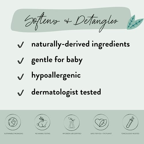 The Honest Co. Conditioning Detangler is highlighted for its naturally-derived ingredients, being gentle for baby, hypoallergenic, and dermatologist tested, with sustainable packaging and other certifications.