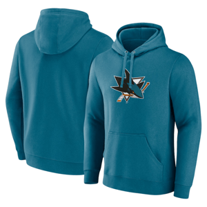 Teal hoodie featuring a hockey team logo with a shark biting a hockey stick. Front pouch pocket and drawstring hood.