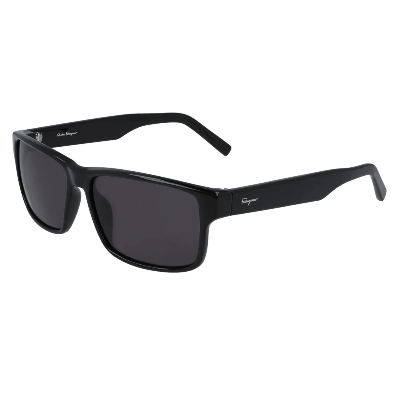 Black rectangular sunglasses with thick frames, featuring the Ferragamo logo on the temples.