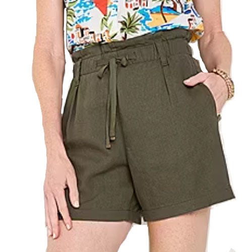 A person wearing high-waisted olive green shorts with a drawstring and pockets, paired with a colorful patterned top.