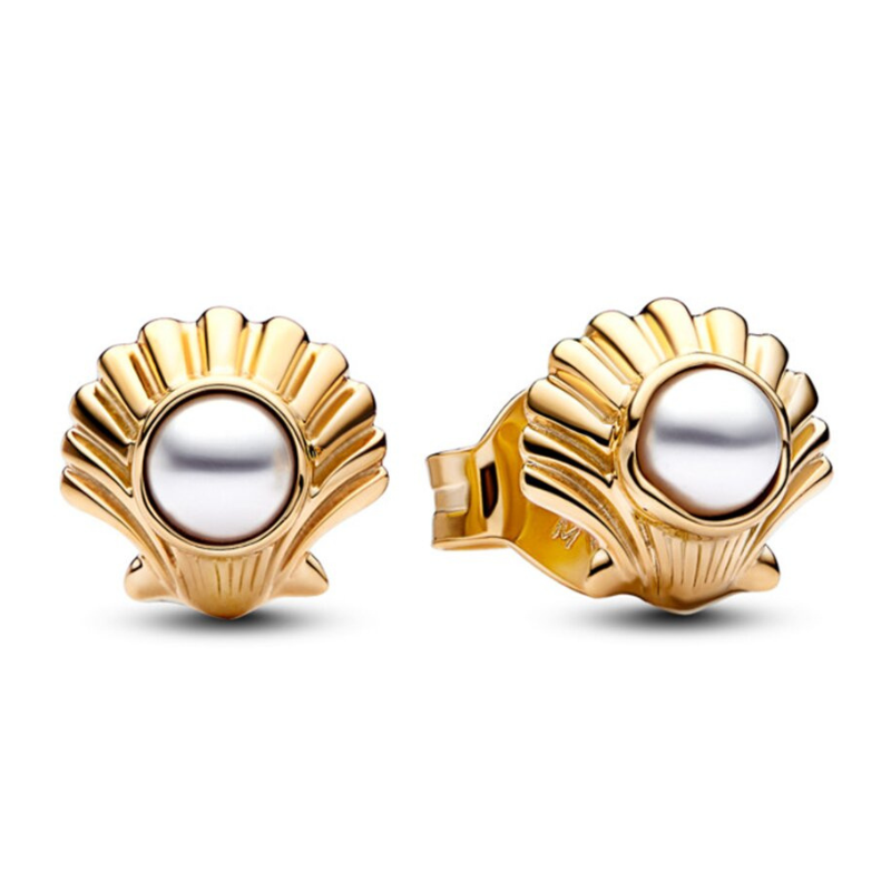 Gold-tone stud earrings shaped like seashells, featuring a central silver pearl inspired by Disney's \“The Little Mermaid.\“