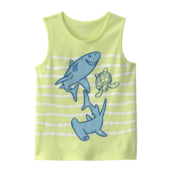 A yellow-green sleeveless shirt featuring playful blue illustrations of a shark, a turtle, and a hammerhead shark over white horizontal stripes.