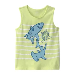 A yellow-green sleeveless shirt featuring playful blue illustrations of a shark, a turtle, and a hammerhead shark over white horizontal stripes.