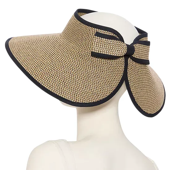 A wide-brimmed straw visor hat with a black trim and decorative bow at the back, designed for sun protection.