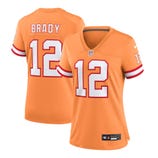 Orange NFL jersey with \“Brady\“ and number 12, featuring red and white stripes on the sleeves, Nike branding, and an NFL logo on the chest.