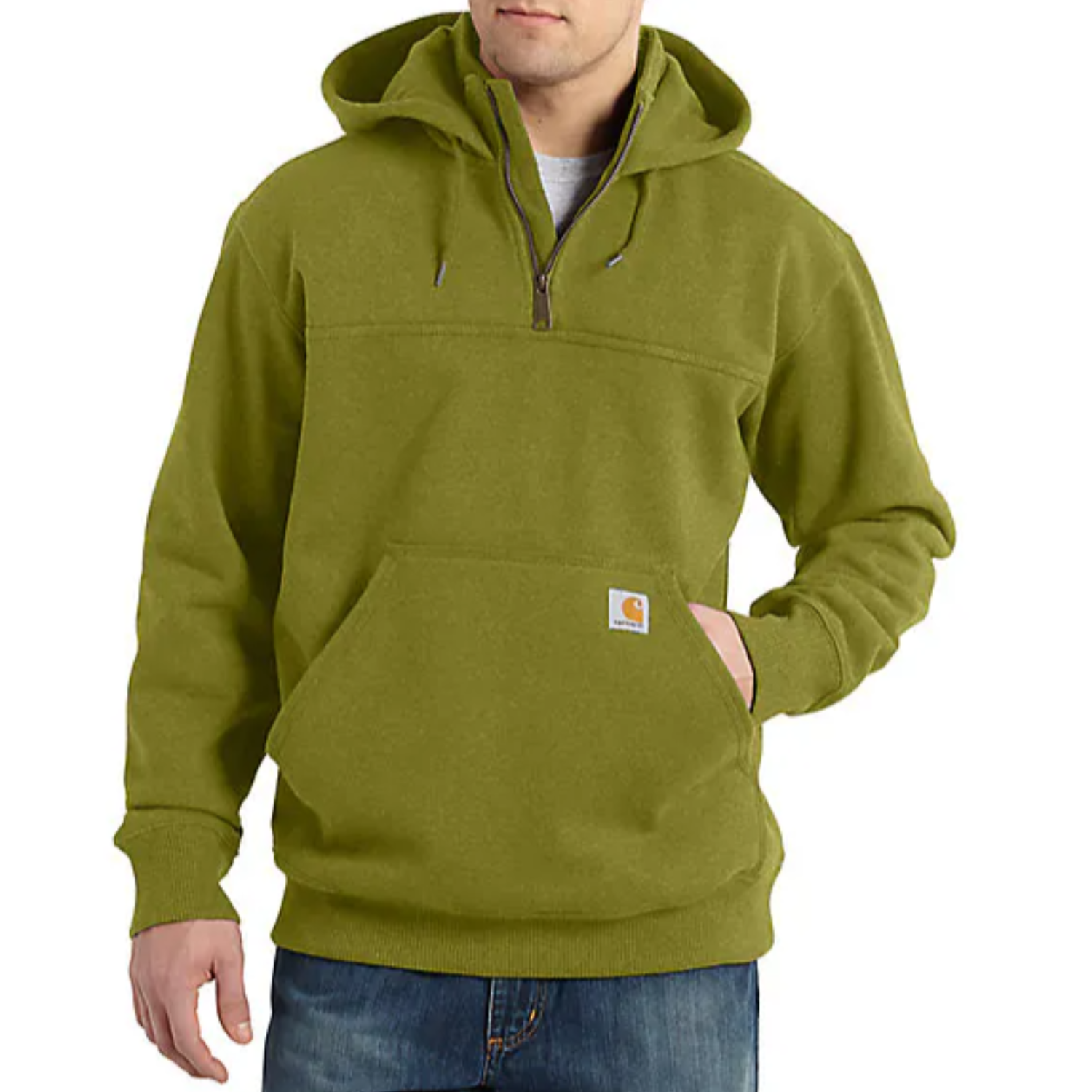 Carhartt Rain Defender Hoodie in olive green with a half-zip front, kangaroo pocket, and Carhartt logo patch.