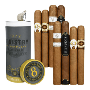A limited release cigar sampler set featuring eight hand-rolled cigars from brands like Oliva and Rocky Patel, packaged in a cylindrical tin labeled \“Ministry of Samplers.\“