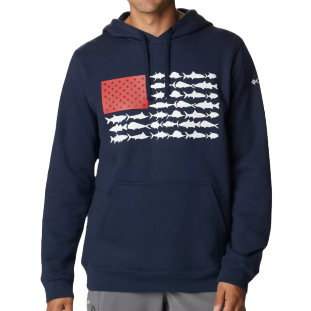 Navy blue hoodie featuring a white fish flag design with a red rectangle of stars, resembling the American flag. It has a front pocket and drawstring hood, with subtle branding on the sleeve.