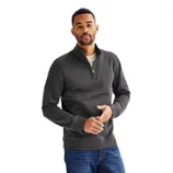 A male model is wearing a dark gray Sonoma quarter-zip sweater paired with blue jeans. The sweater features a high collar, a zipper halfway down the front, and a casual fit.